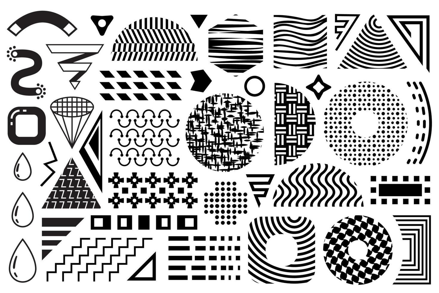 Black and white vector Memphis set. Collection of 90's Memphis geometric design elements. Halftones, stripes, geometric flat patterns, abstract shapes isolated on white background.