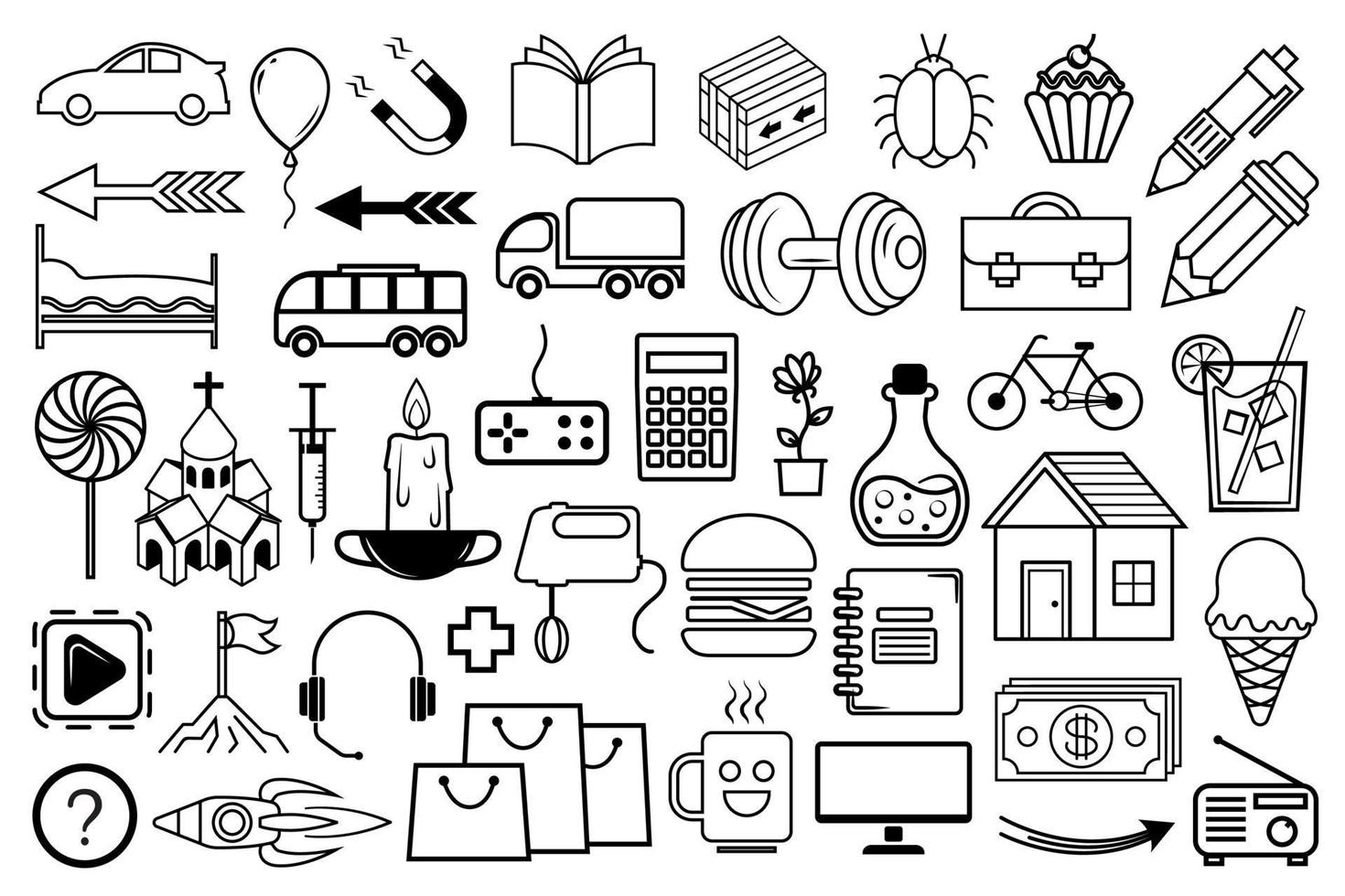 Random icon set. Black icons with thin line isolated on white background. Black linear symbols, modern signs. vector