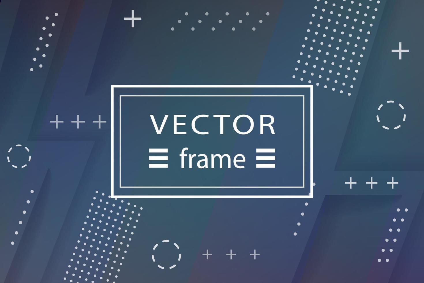 Abstract vector background in dark blue color with Memphis design elements. Copy space, blank frame for your text and heading with dots, pluses and circles.