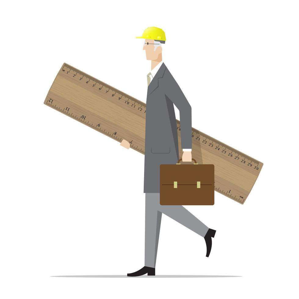 Architect carrying a big wooden ruler. vector