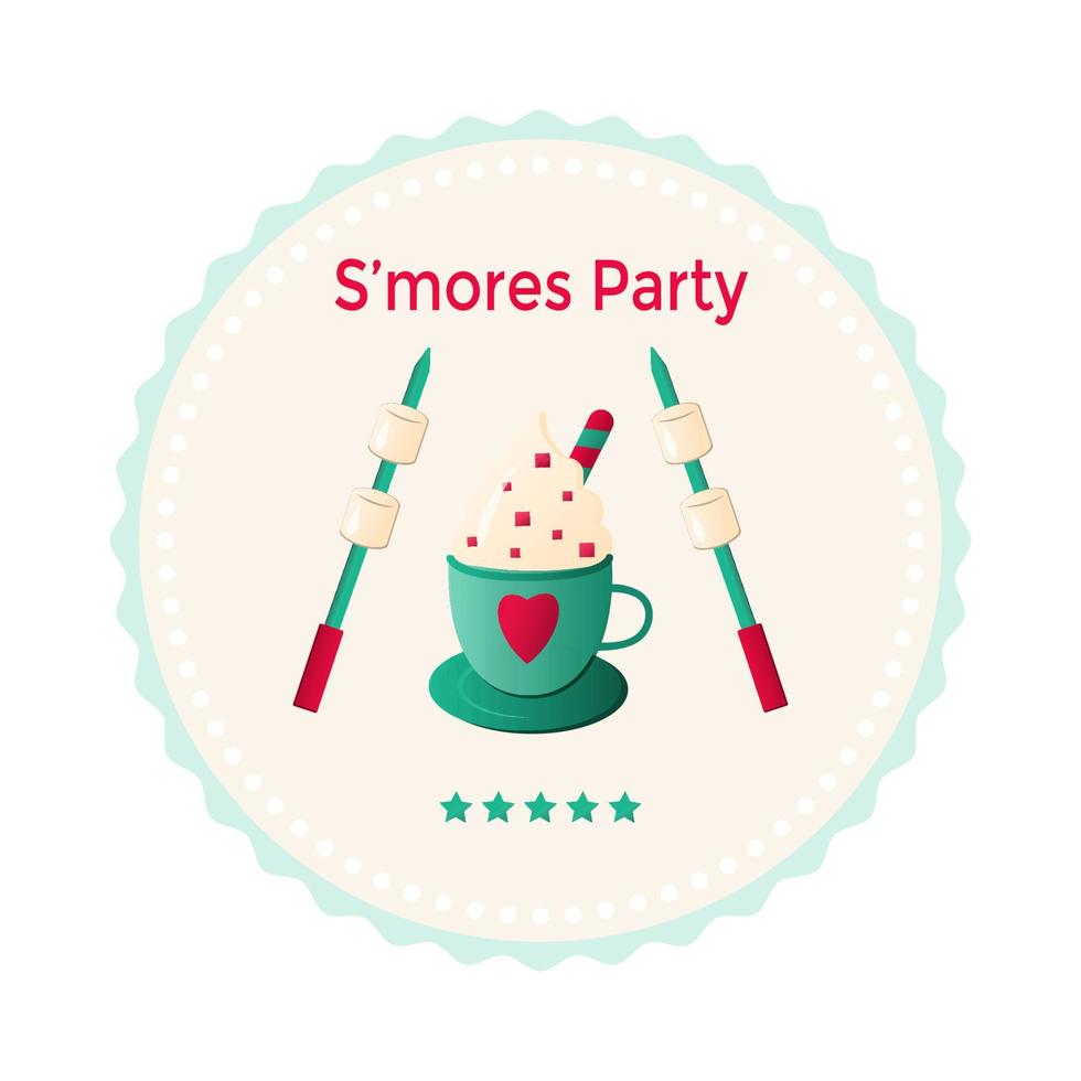 Smores Day shop logo label for your design. Festive inscription with smores and cup of cocoa. Vector illustration