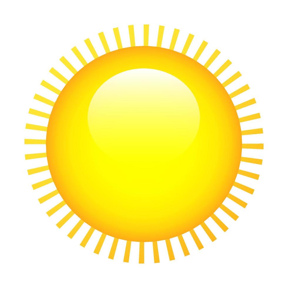 Shiny sun icon for weather design. Sunshine symbol happy yellow isolated sun vector illustration.