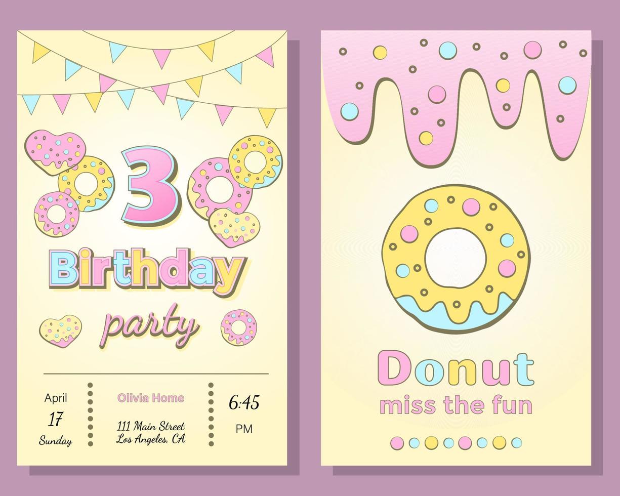 tarjeta de invitación para celebración de cumpleaños con donut. vector