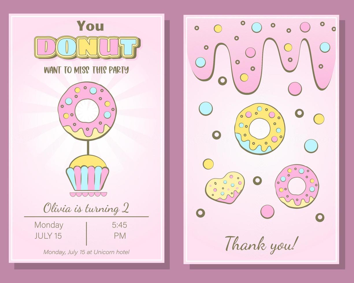 tarjeta de invitación vertical de feliz cumpleaños con donuts. fiesta de cumpleaños de donas. tarjeta de invitación vertical para celebración de cumpleaños. diseño web o imprenta vector