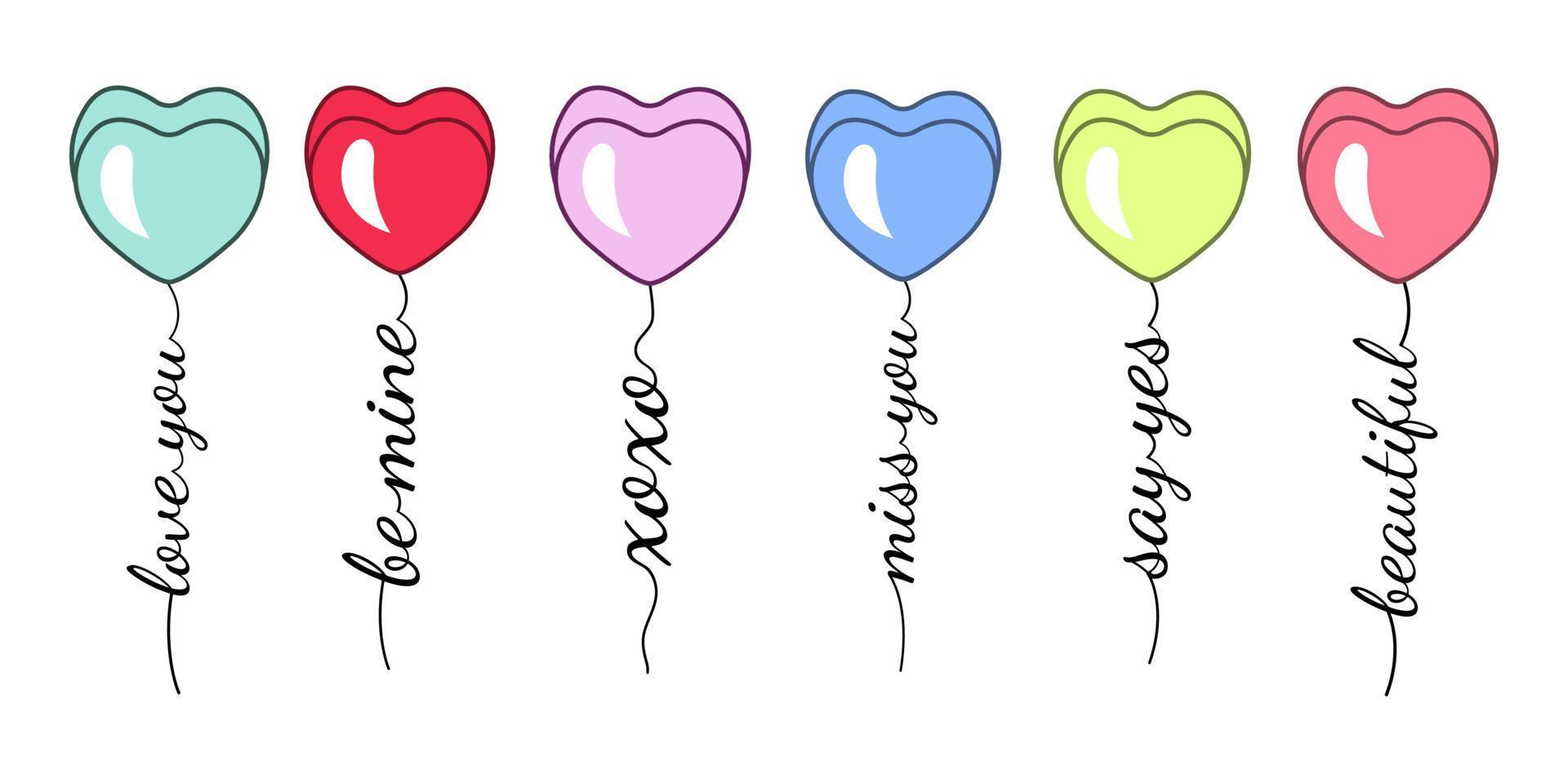 Love quotes with candy hearts SET. Celebration sweet balloons for Valentines Day, wedding, betrothal. Perfect for banner, poster, card. Vector Illustration