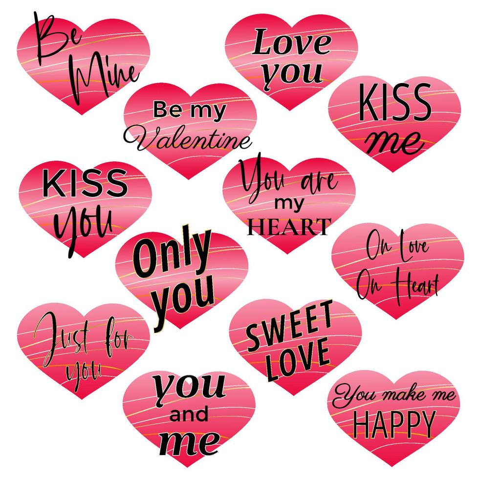 Romantic quotes for Valentines day cards and prints. Slogan SET. Black ink calligraphy at pink heart. T shirt print design, typography poster. vector