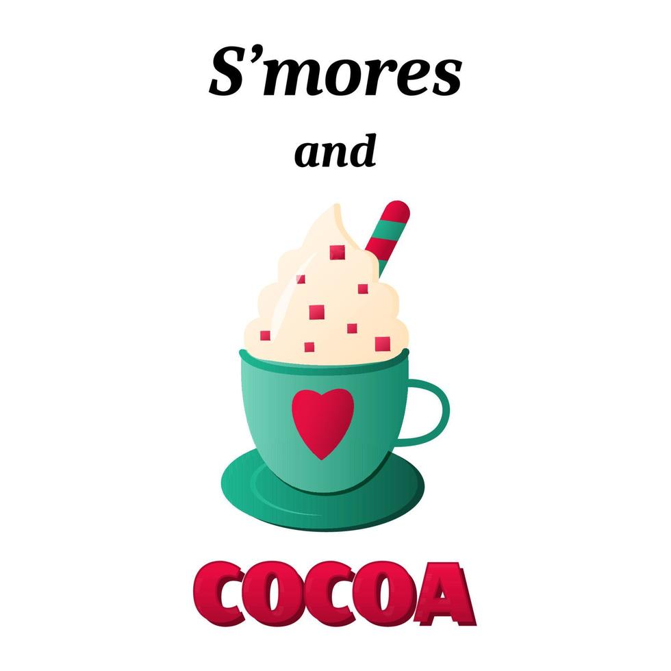 smores y cacao inscripción divertida con smores y taza de cacao. perfecto para etiqueta, emblema, tarjeta, pancarta. ilustración vectorial vector