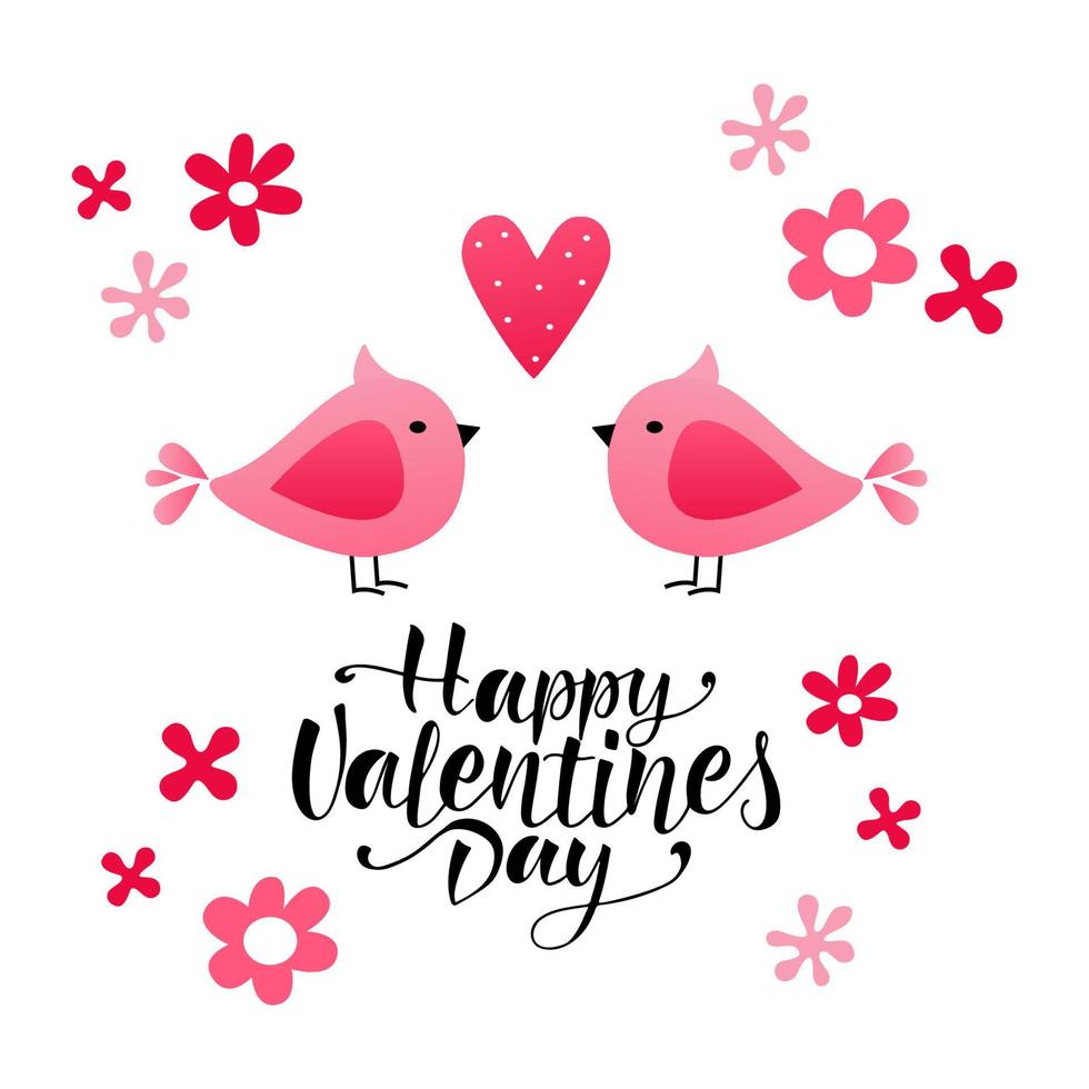 Happy Valentines Day romantic typography poster with birds and simple flower. Cartoon design for Greeting Lettering. Vector illustration.