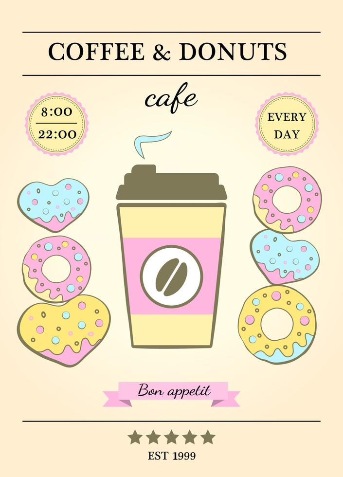 Coffee and donut poster, flyer, banner, brochure, invitation for advertising and promotion for coffee shop, coffee house, cafe-bar,  Vector Illustration.