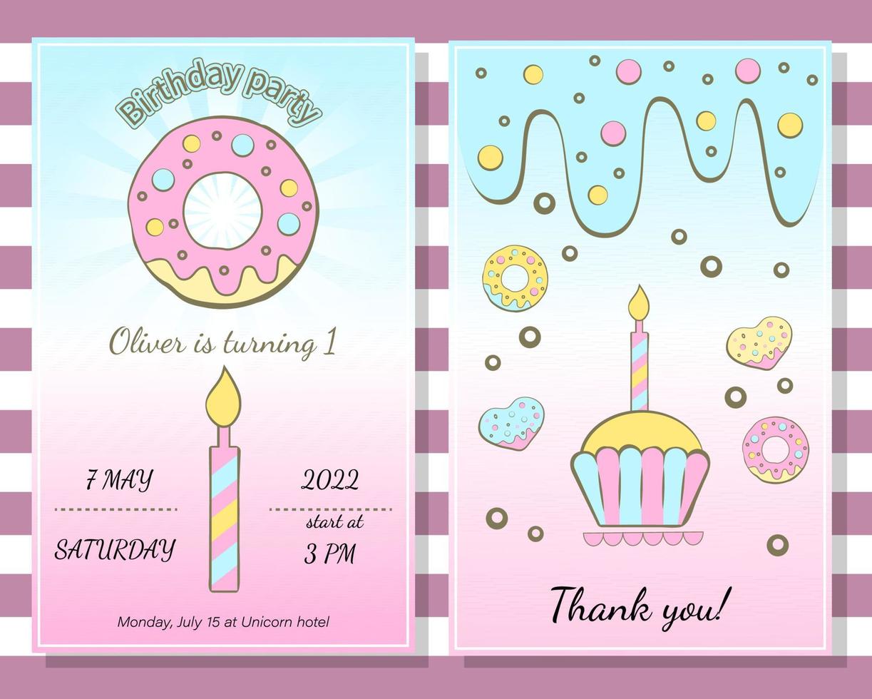 tarjeta de invitación vertical de feliz cumpleaños con donuts. tarjeta de invitación vertical para celebración de cumpleaños. diseño web o imprenta vector