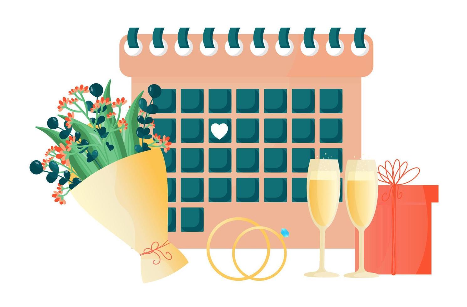 calendario con la fecha de la ceremonia de la boda. ilustración linda simple vectorial. vasos de boda festivos con una botella de champán, anillos, un ramo de flores, una caja de regalo. vector