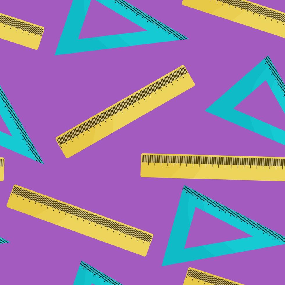 Seamless pattern with colored rulers, triangular with divisions. Divisions for printing. School and office supplies on an isolated background. Vector illustration in a simple cute style.