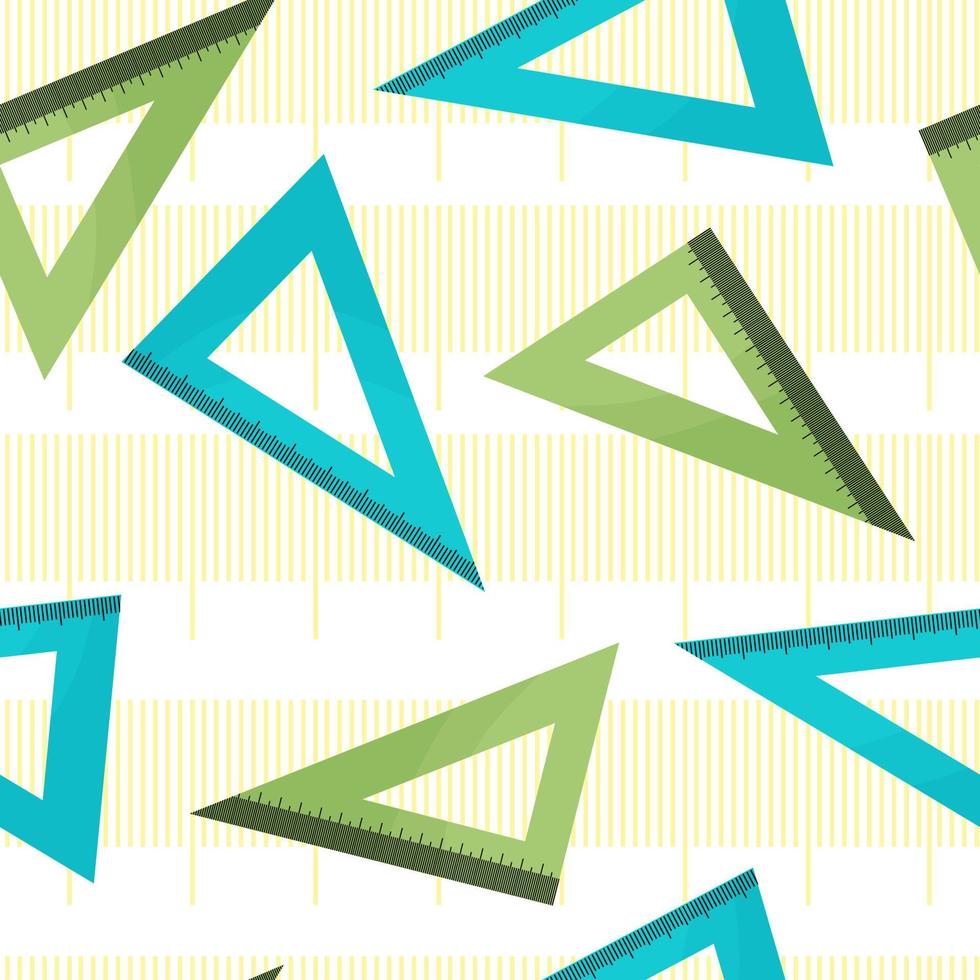 Seamless pattern with colored rulers, triangular with divisions. Divisions for printing. School and office supplies on an isolated background. Vector illustration in a simple cute style.