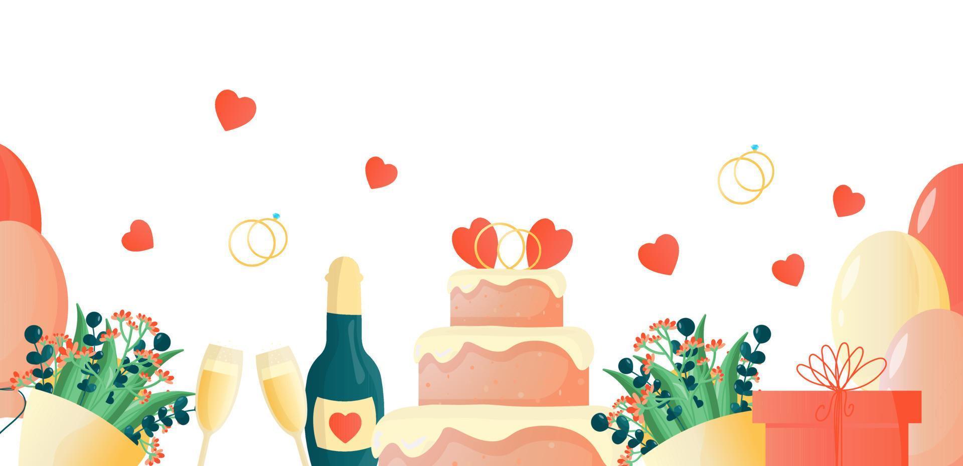Beautiful background for the wedding ceremony. A festive set of glasses with a bottle of champagne, cake, rings, bouquet of flowers, gift. Vector simple cute illustration for poster, banner, design.