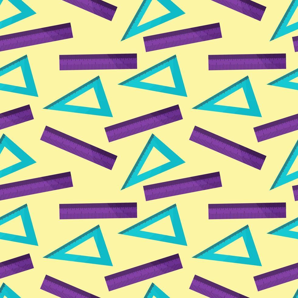 Seamless pattern with colored rulers, triangular with divisions. Divisions for printing. School and office supplies on an isolated background. Vector illustration in a simple cute style.