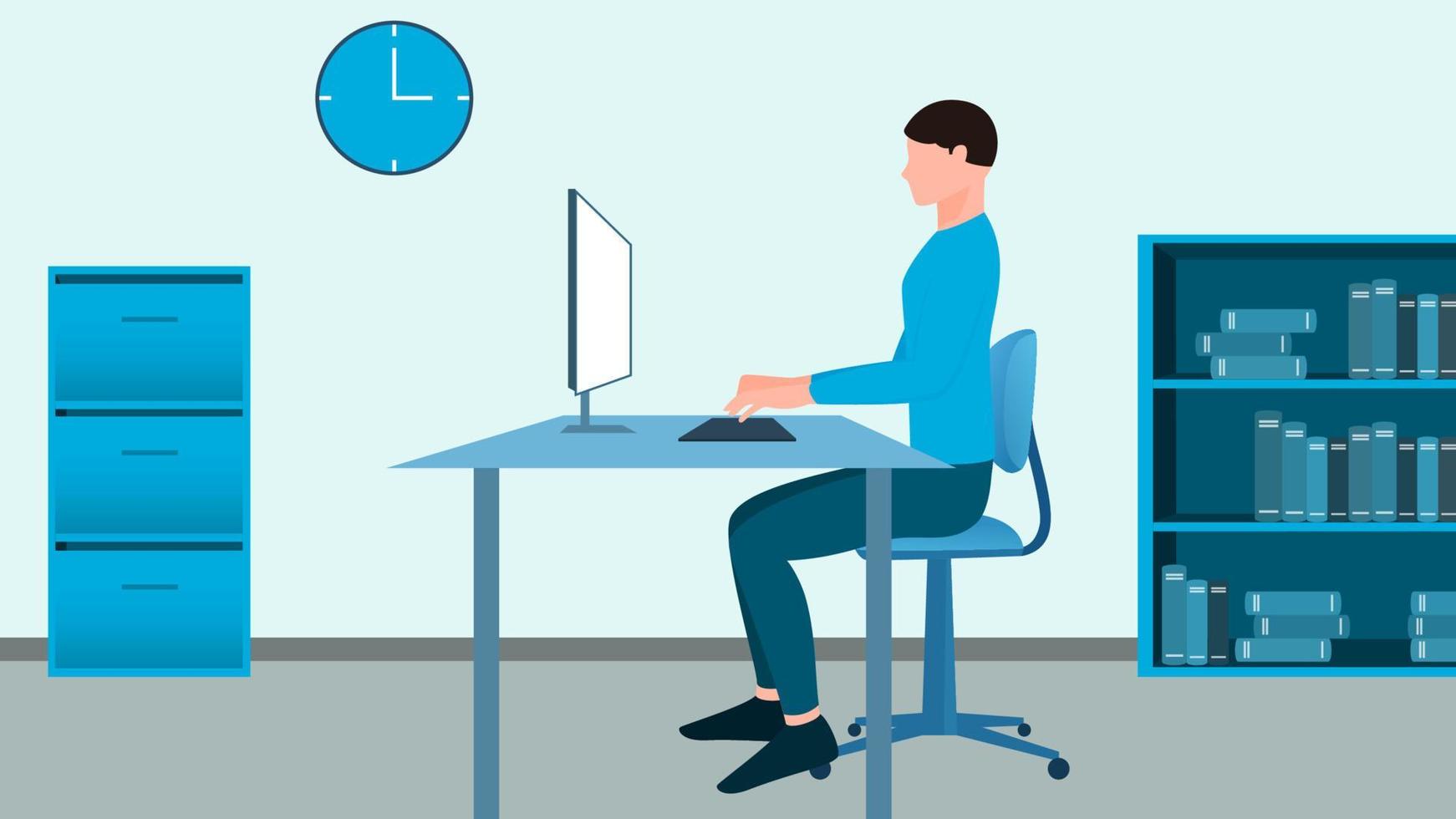 mujer que trabaja en el escritorio de la computadora de la oficina desde la vista lateral, trabajo desde casa e ilustración de vector de carácter de hora de trabajo flexible.
