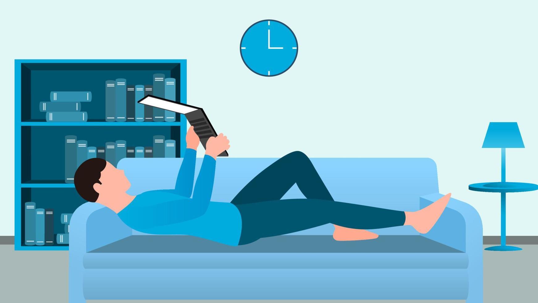 man using laptop on couch, work from home and flexible work hour character vector illustration.