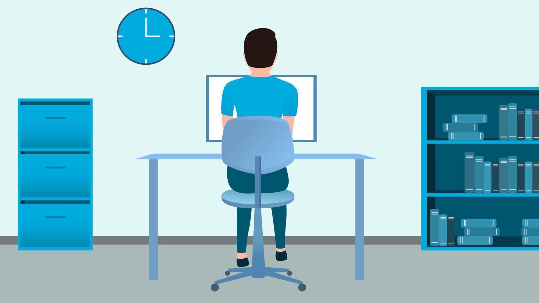 man working at office computer desk from back view, work from home and flexible work hour character vector illustration.