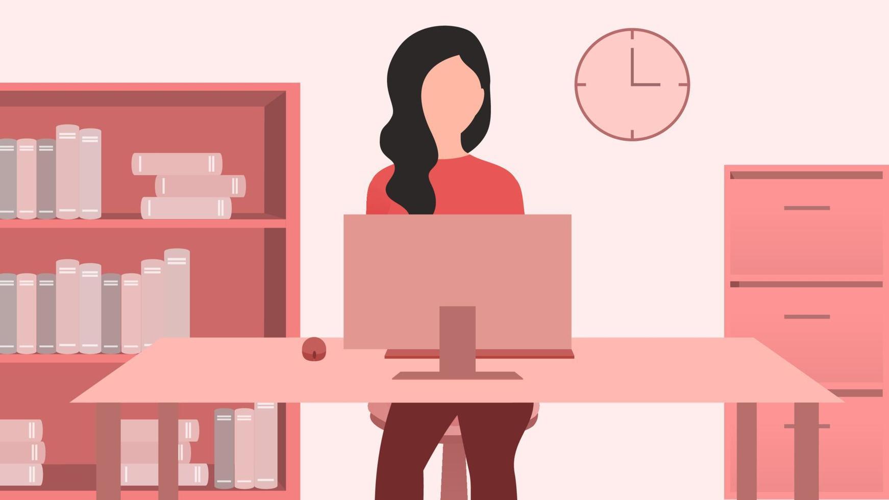 mujer que trabaja en el escritorio de la computadora de la oficina desde la vista frontal, trabajo desde casa e ilustración de vector de carácter de hora de trabajo flexible.