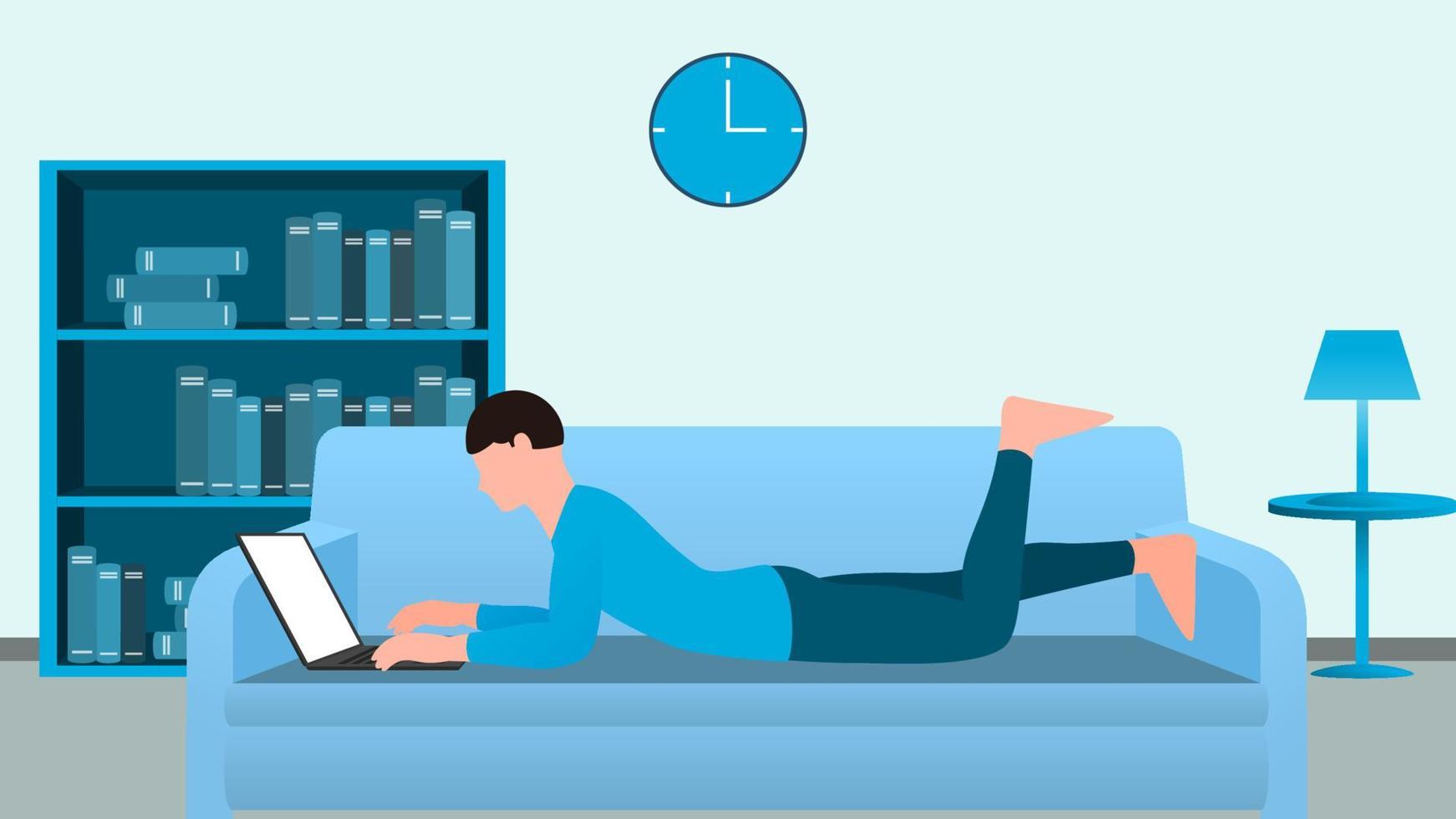 man using laptop on couch, work from home and flexible work hour character vector illustration.