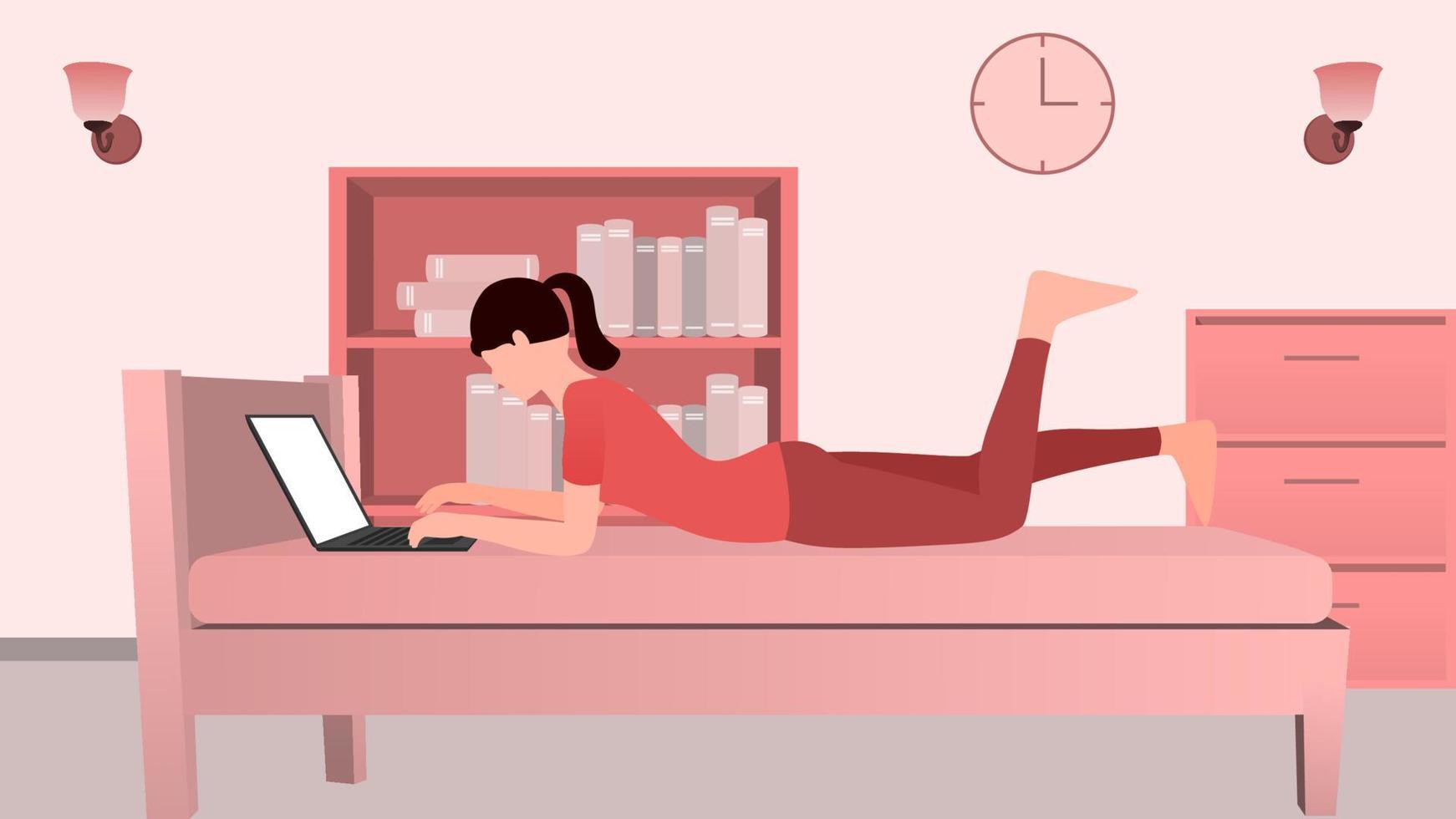 mujer que trabaja en una computadora portátil en la cama, trabajo desde casa e ilustración de vector de carácter de hora de trabajo flexible.