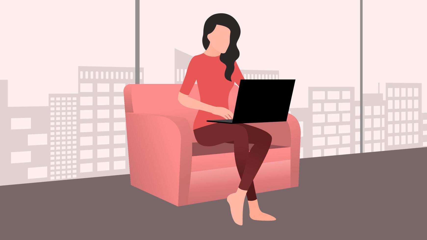woman working on laptop sitting on sofa, work from home and flexible work hour character vector illustration.