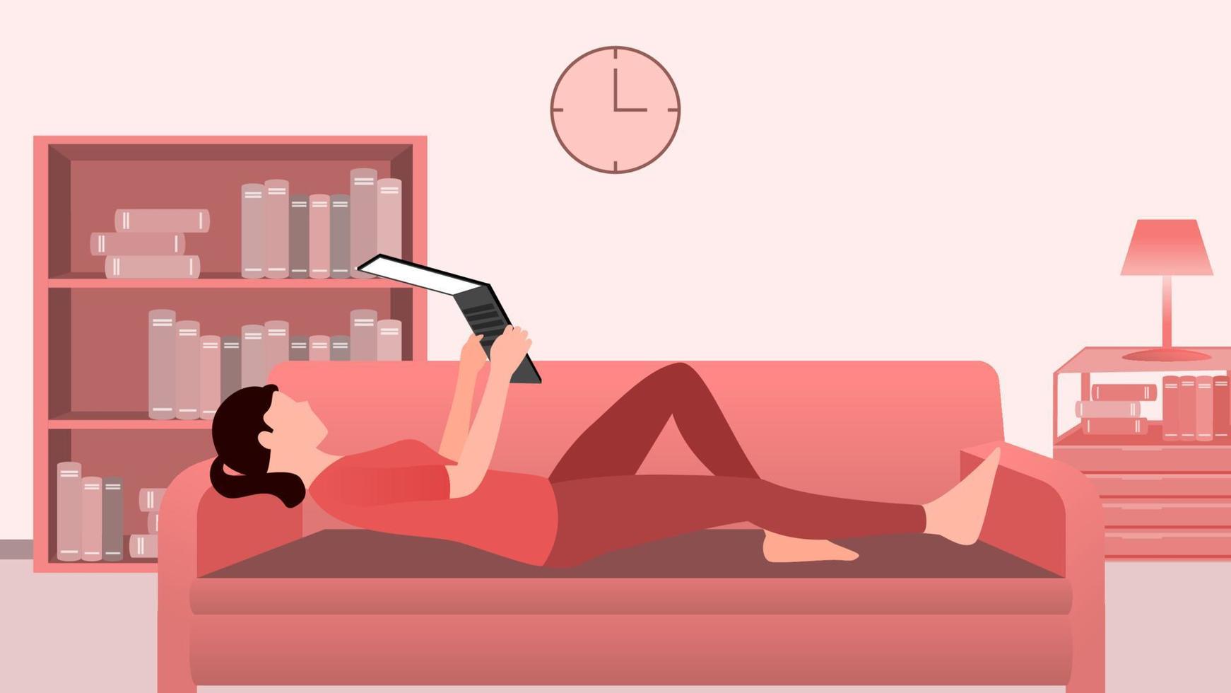 woman using laptop on couch, work from home and flexible work hour character vector illustration.