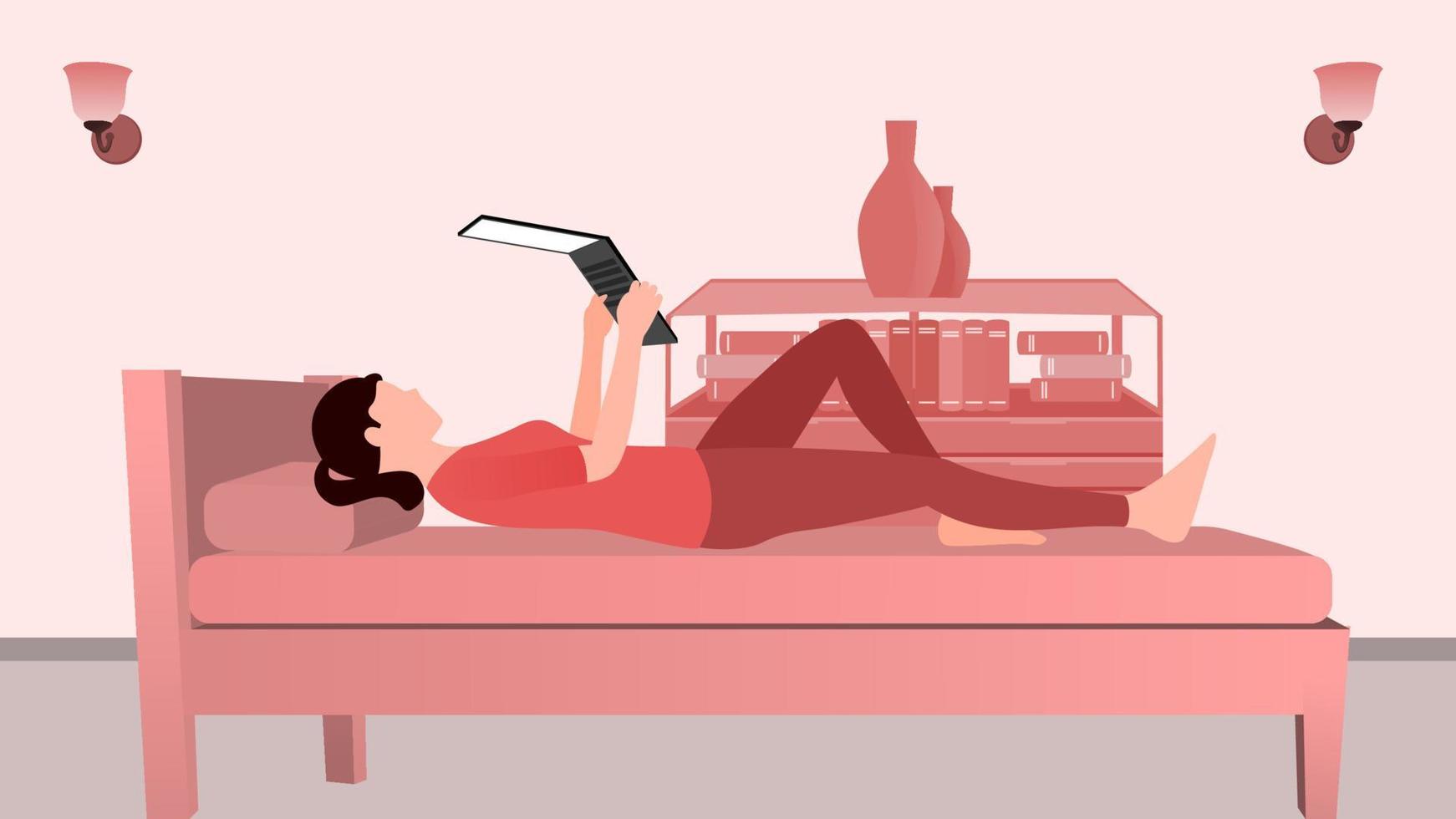 mujer que trabaja en una computadora portátil en la cama, trabajo desde casa e ilustración de vector de carácter de hora de trabajo flexible.