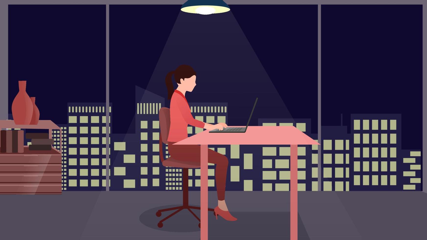 mujer que trabaja en una computadora portátil en el escritorio de la oficina a medianoche, trabajo desde casa e ilustración de vector de carácter de horario de trabajo flexible.