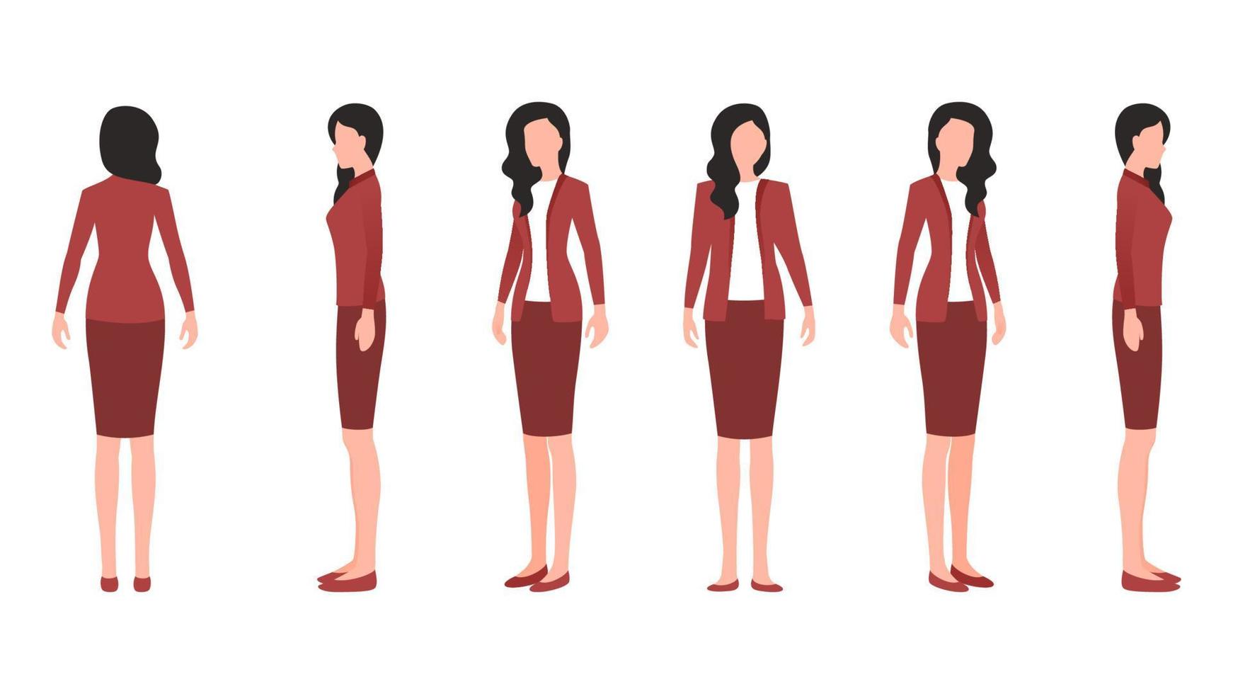 businesswoman cartoon character illustration, vector illustration of female character in formal clothes from different angles.