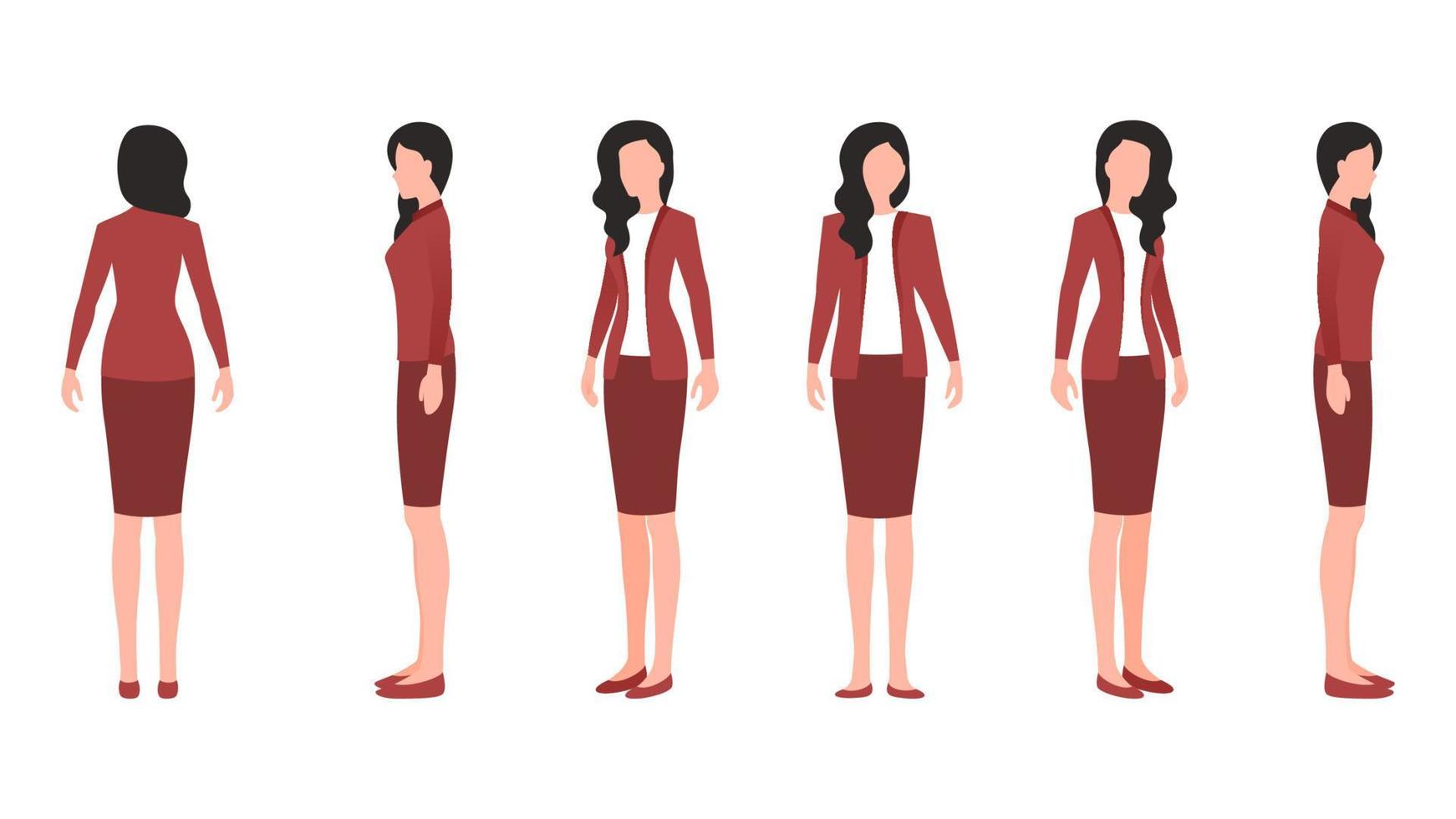 ilustración de personaje de dibujos animados de mujer de negocios, ilustración vectorial de personaje femenino en ropa formal desde diferentes ángulos. vector