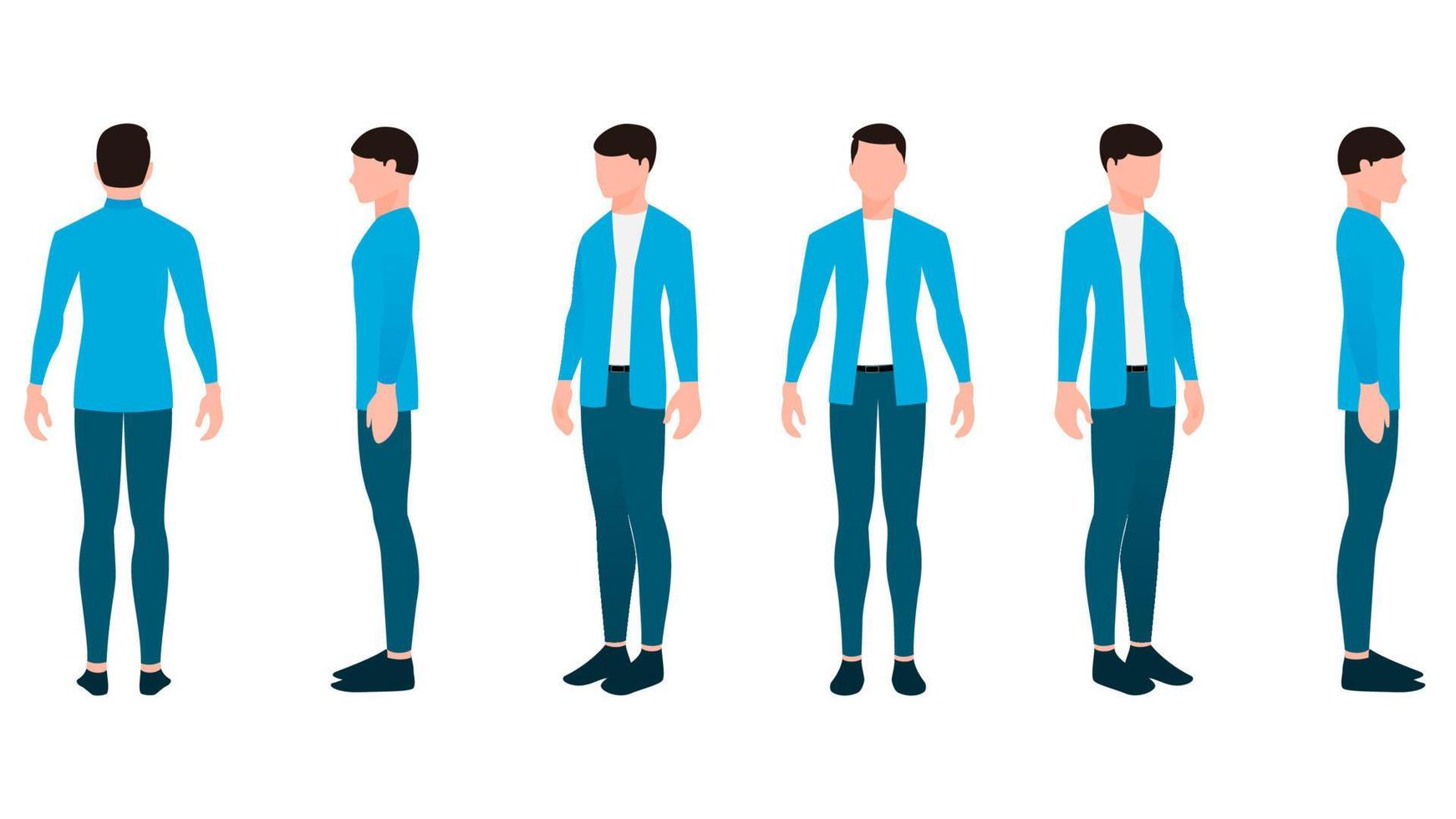 ilustración de personaje de dibujos animados de hombre de negocios, ilustración vectorial de personaje masculino en ropa formal desde diferentes ángulos. vector
