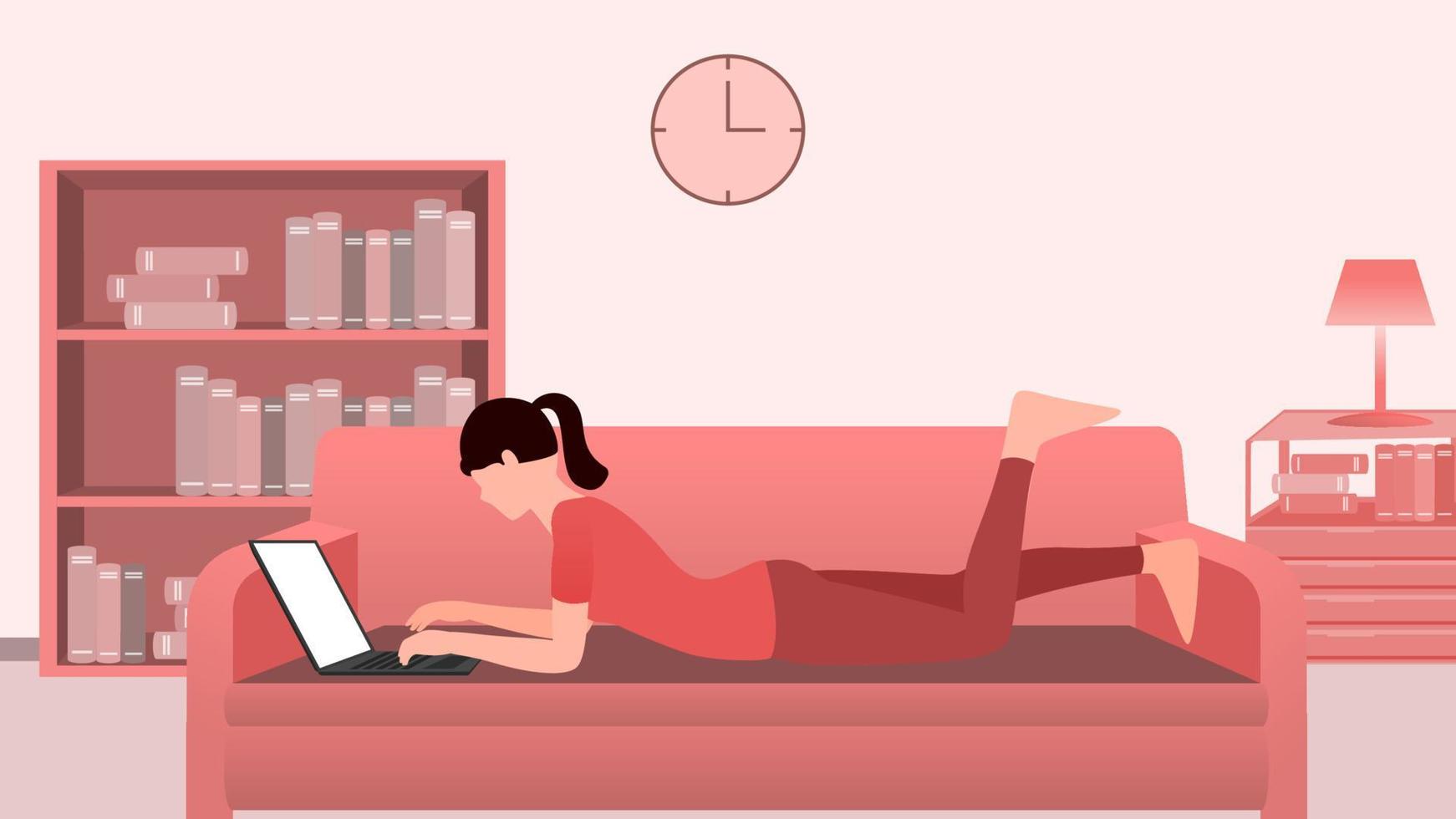 mujer que trabaja en una computadora portátil en la cama, trabajo desde casa e ilustración de vector de carácter de hora de trabajo flexible.