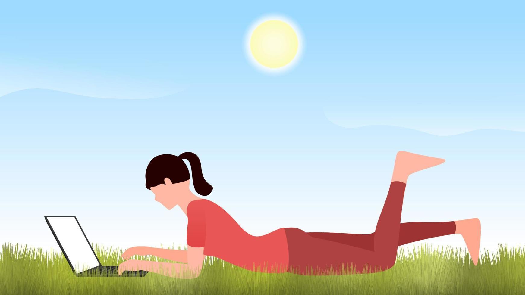 woman working on laptop on garden grass, work from home and flexible work hour character vector illustration.