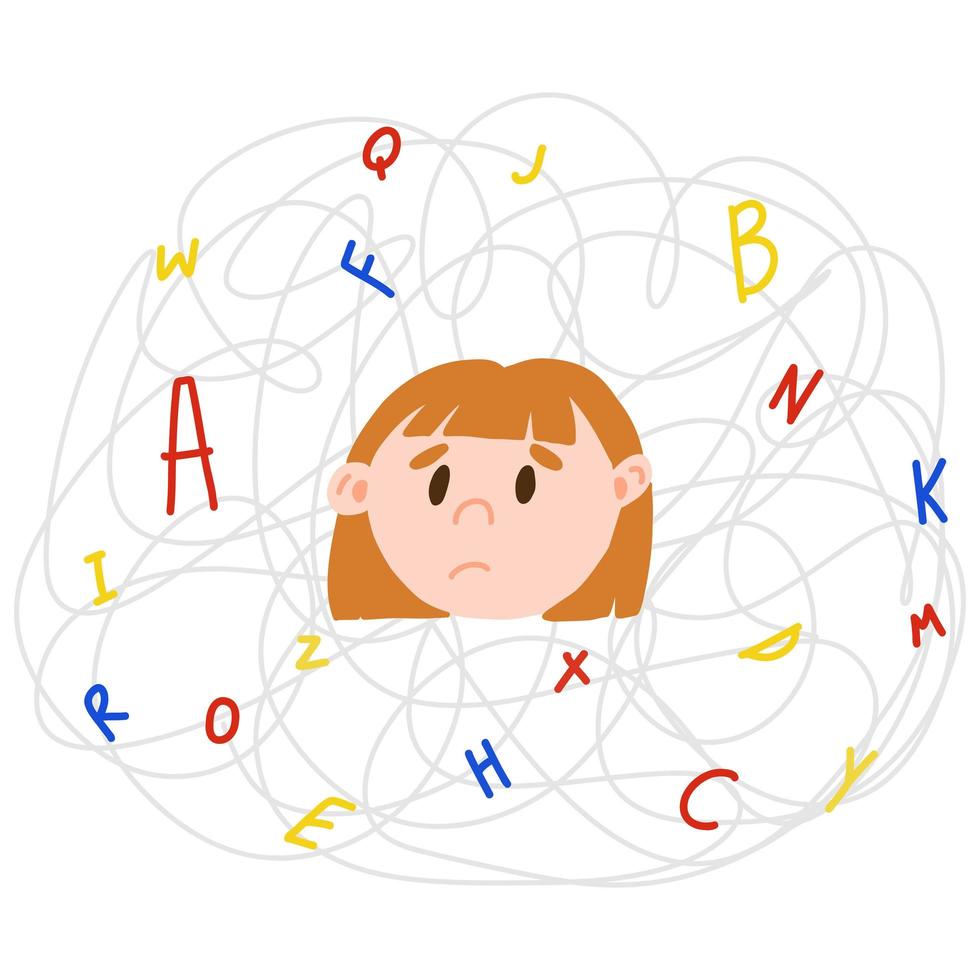 Upset light-skinned child with invisible disease dyslexia. Concept of dyslexic girl in the chaos of letters in cartoon style vector