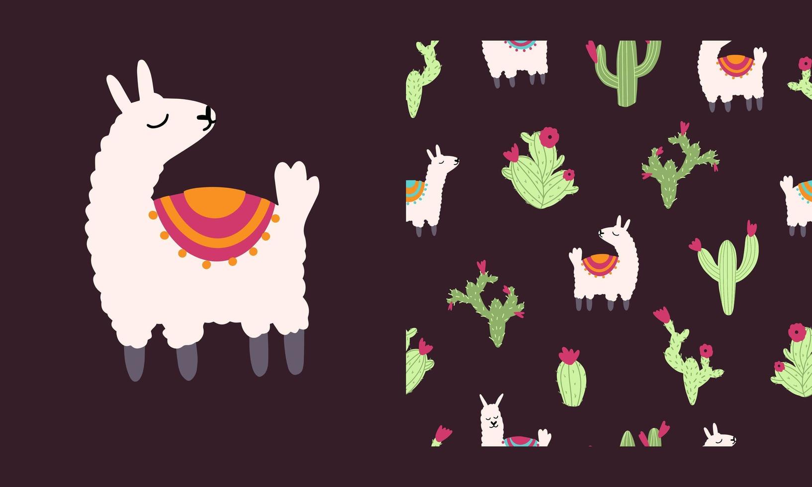 Lama alpaca seamless pattern with cactus. Vector illustration of nursery characters in cartoon hand drawn doodle childish style