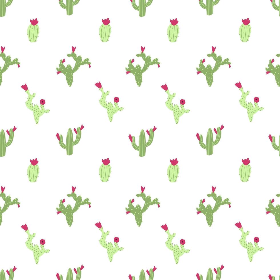 Cactus seamless pattern on white background. Nursery childish illustration in cartoon hand drawn style with colorful cacti and flowers vector
