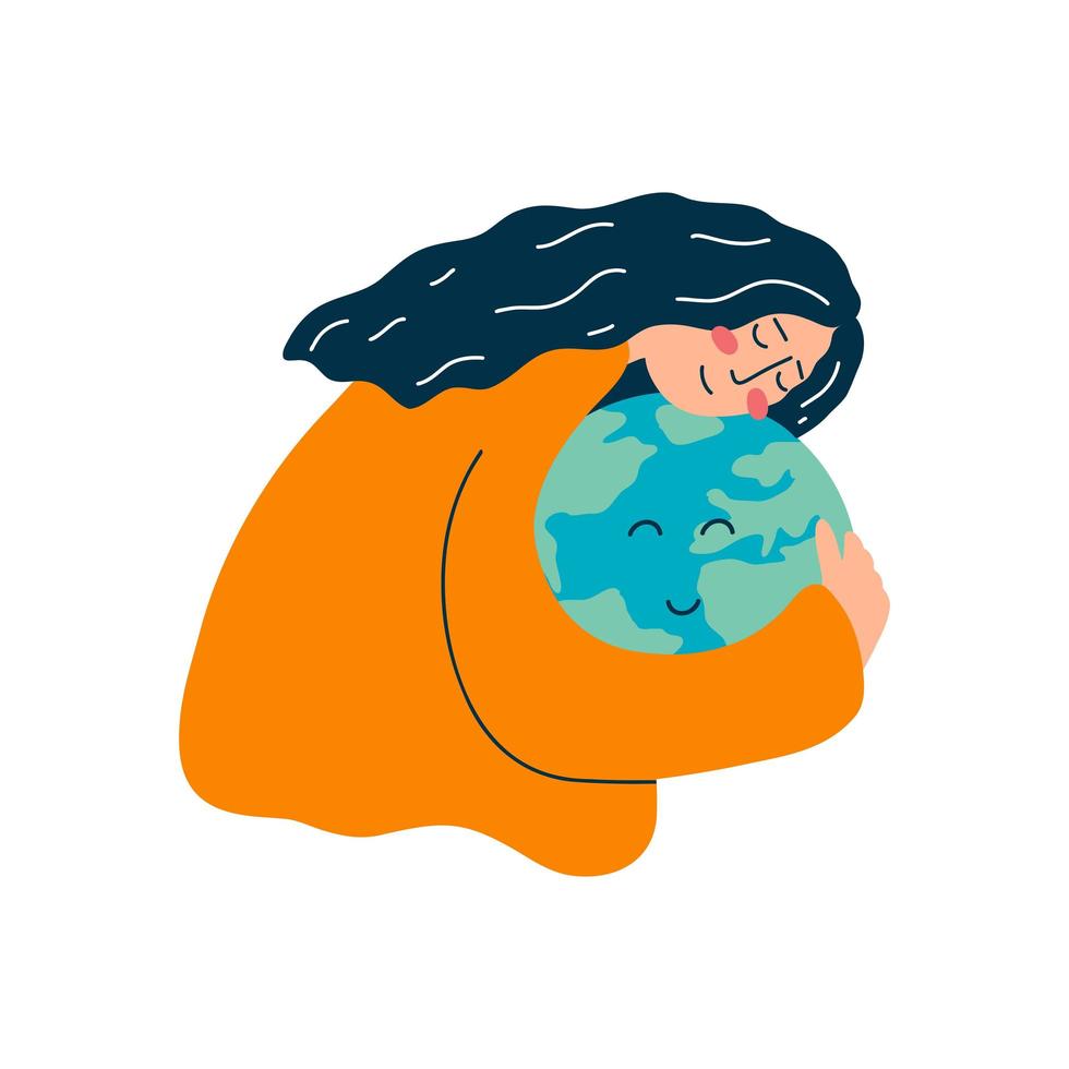 Vector illustration of young woman hugs earth globe in cartoon flat style. The concept of protecting the planet, saving ecology and the environment