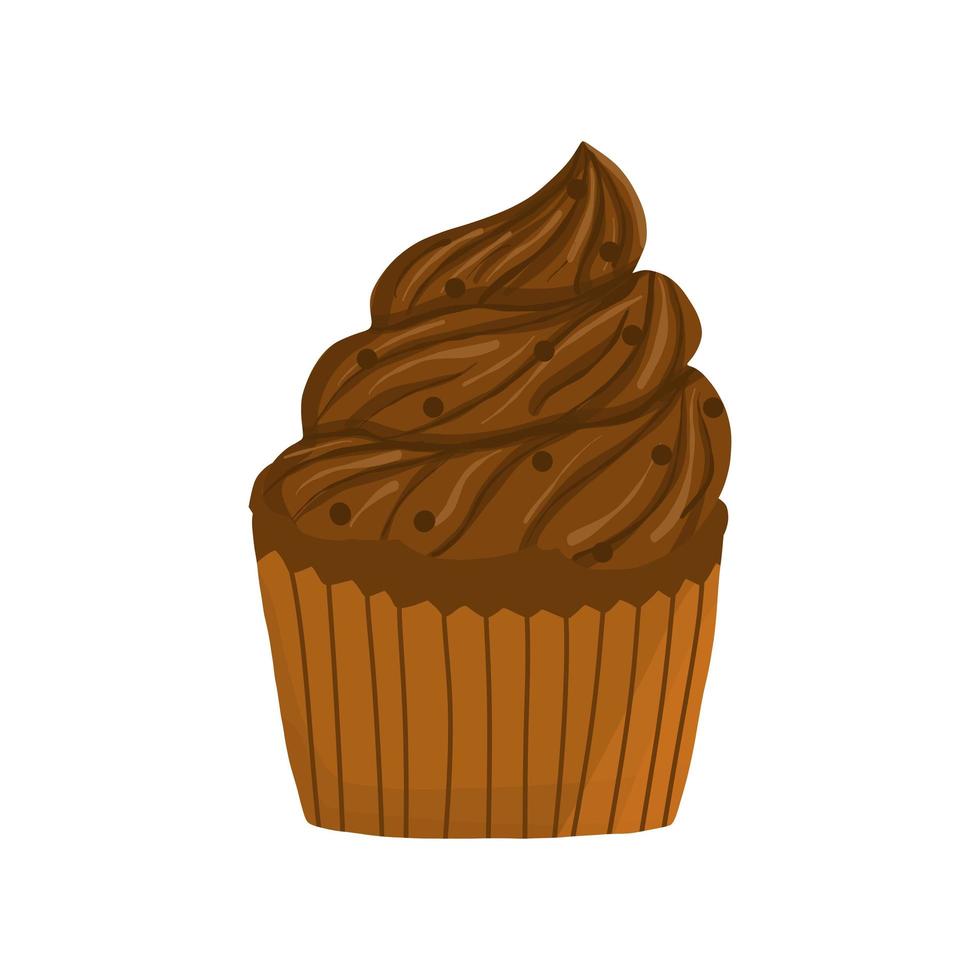 Vector chocolate cupcake in cartoon hand drawn style. Delicious dessert, sweet pastry