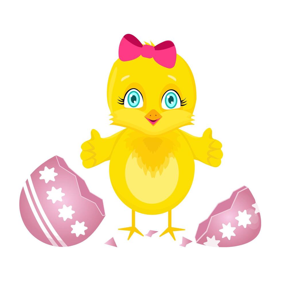 Little easter chicken in a broken egg. Vector illustration in cartoon style.