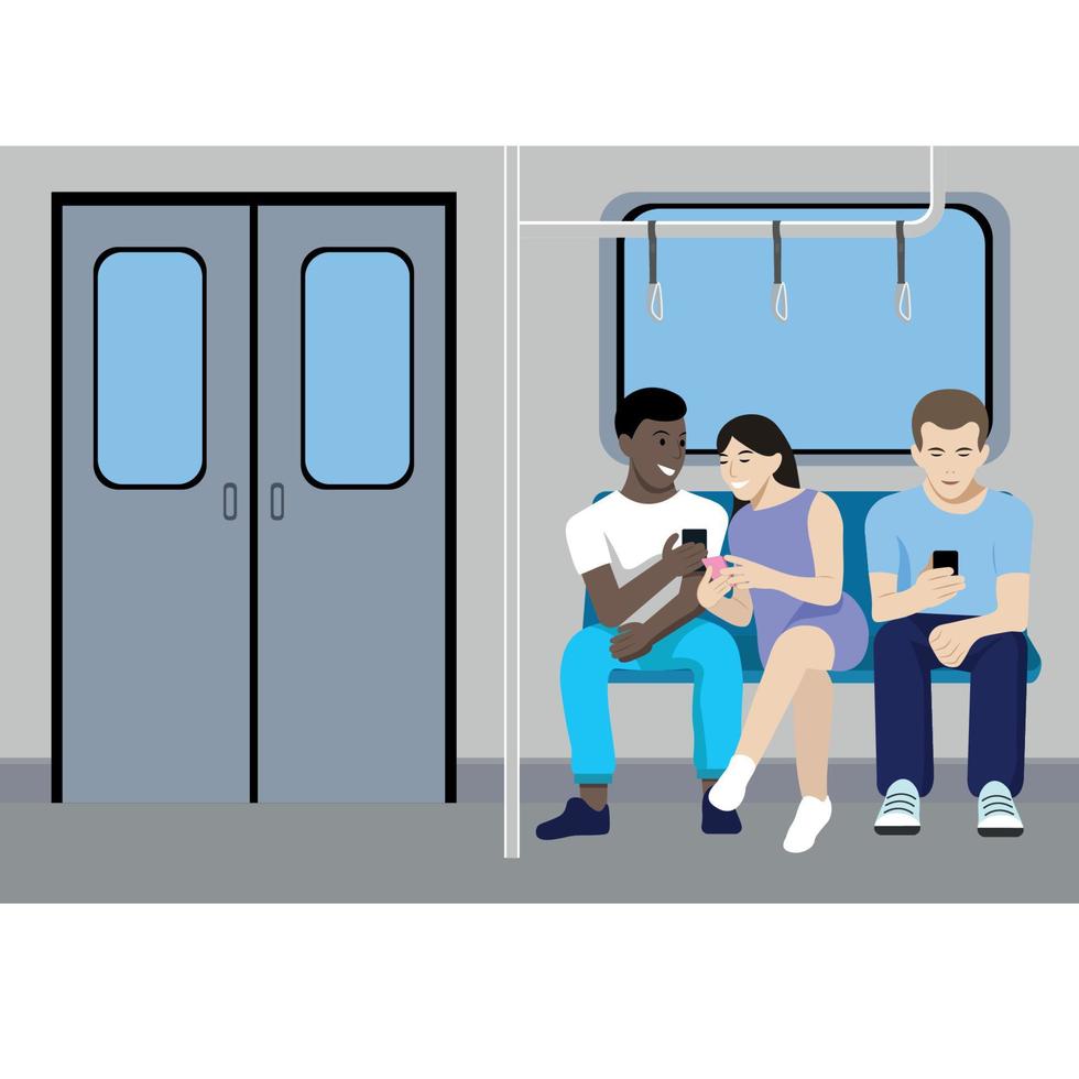 gente con teléfonos en las manos en el vagón del metro, dos chicos y una chica, vector plano