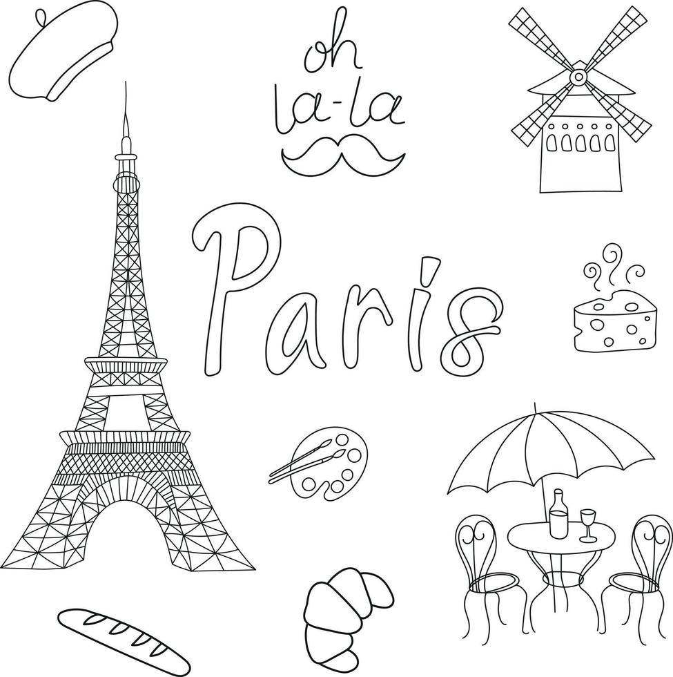 viajar a parís conjunto de dibujos en estilo garabato vector