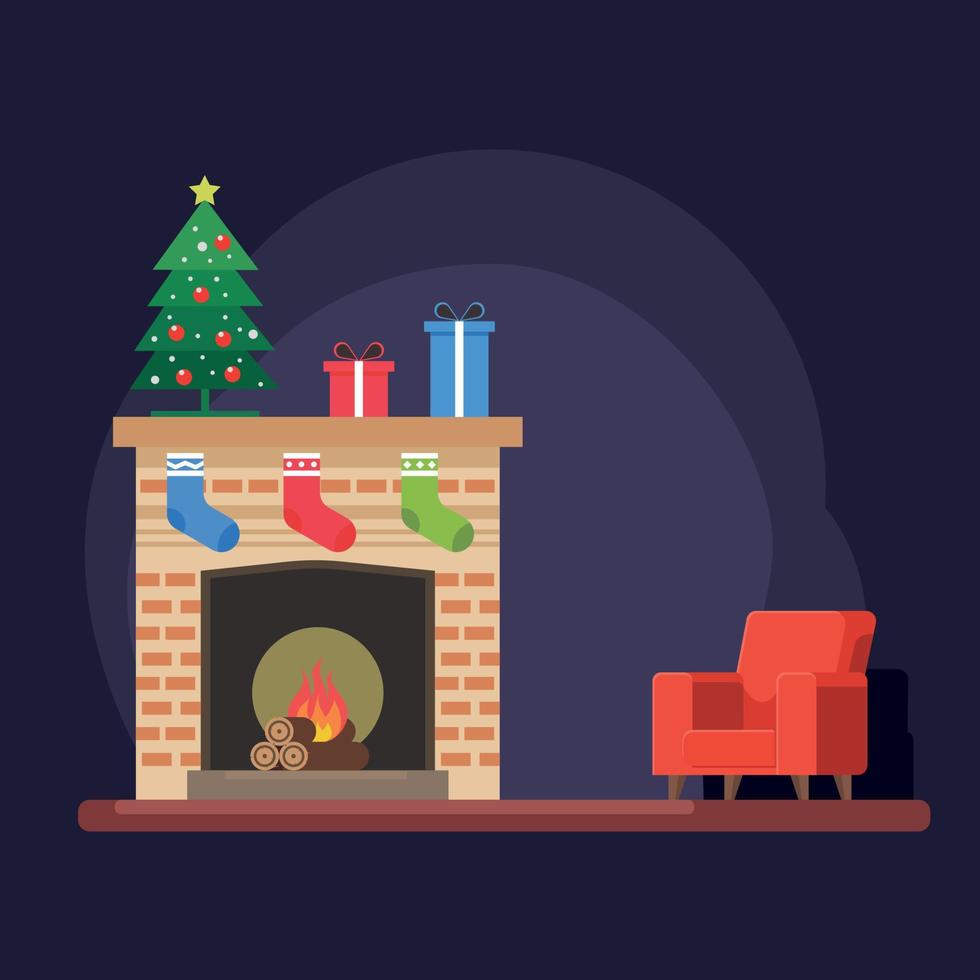 Christmas Evening Fireplace Waiting for a Gift Tree vector