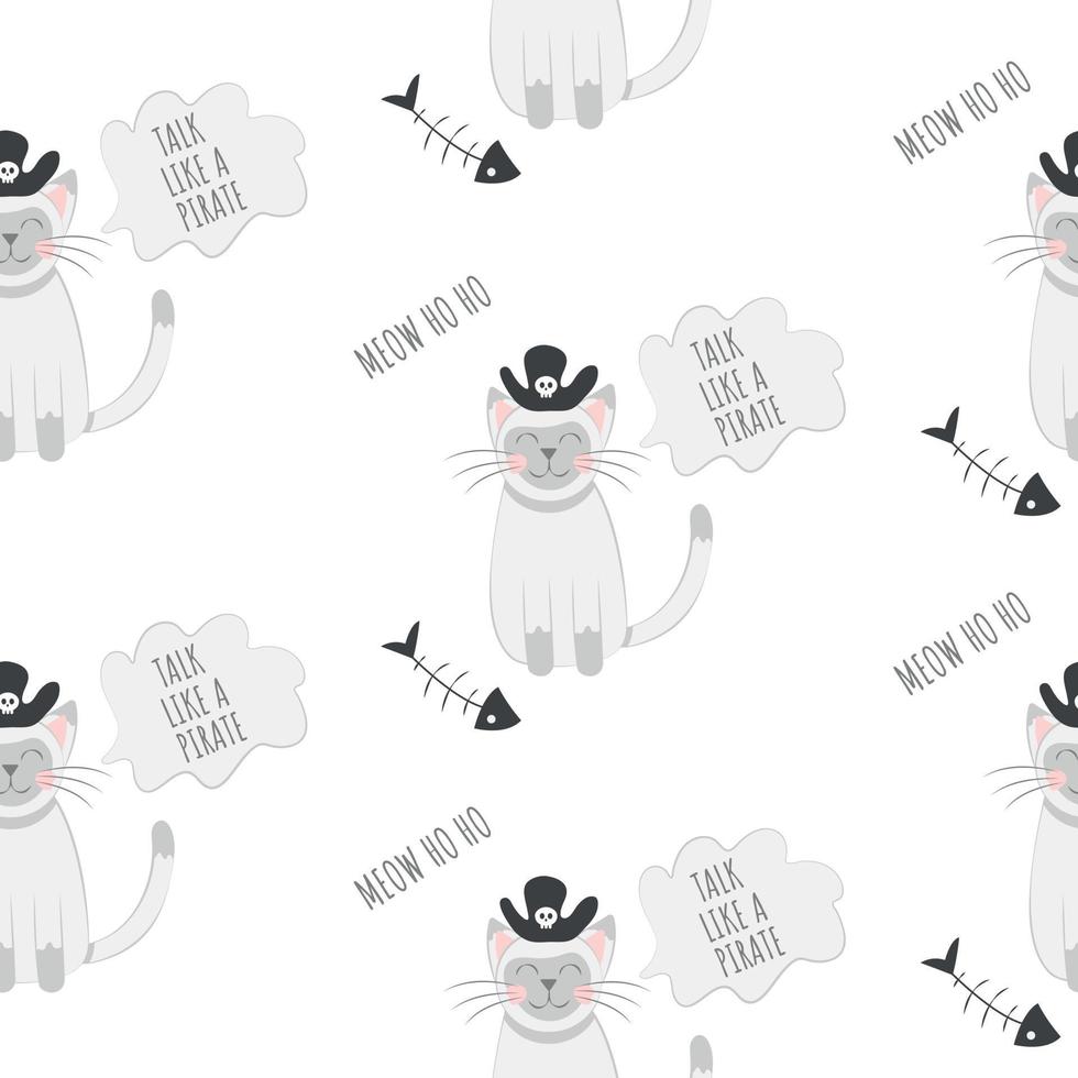 Seamless Pattern Print on Fabric Cute Cat in a Pirate Hat Next to a Fish Skeleton Talking Like a Pirate Day vector