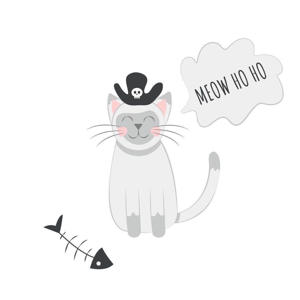 lindo gato con un sombrero pirata junto a un esqueleto de pescado habla como una tarjeta del día pirata vector