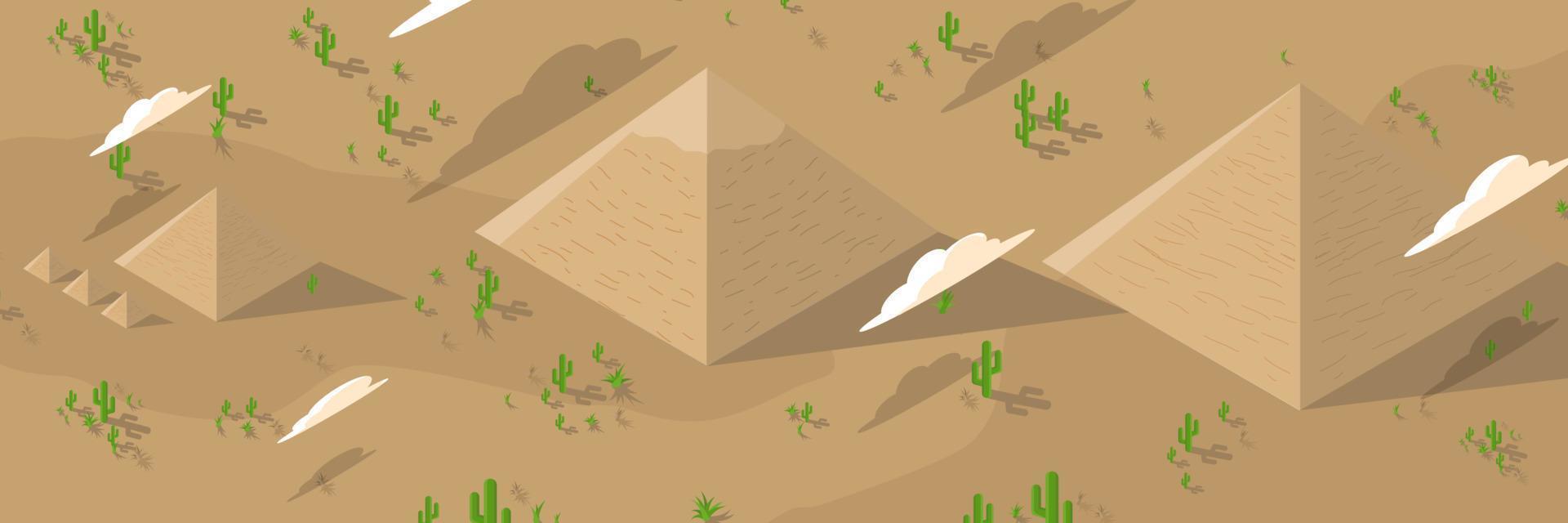 Egypt pyramids in flat style. Pyramids in desert flat vector illustration. Egyptian landscape panoramic cartoon background. Vector illustration