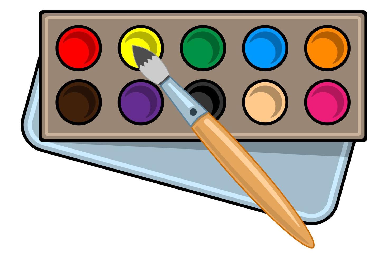 A set of pictures, brushes and a square box with watercolor paints, return  to school, drawing tools, vector cartoon illustration on a white background  9734614 Vector Art at Vecteezy