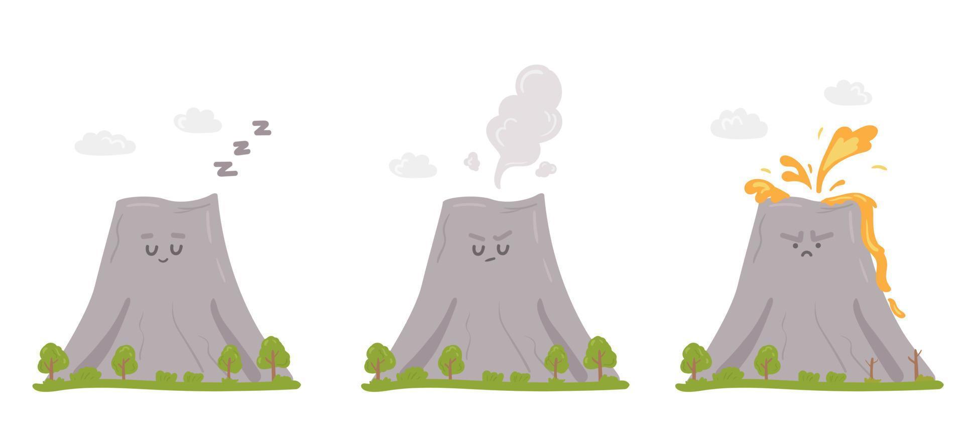 Collection of volcano in different states in cartoon style vector
