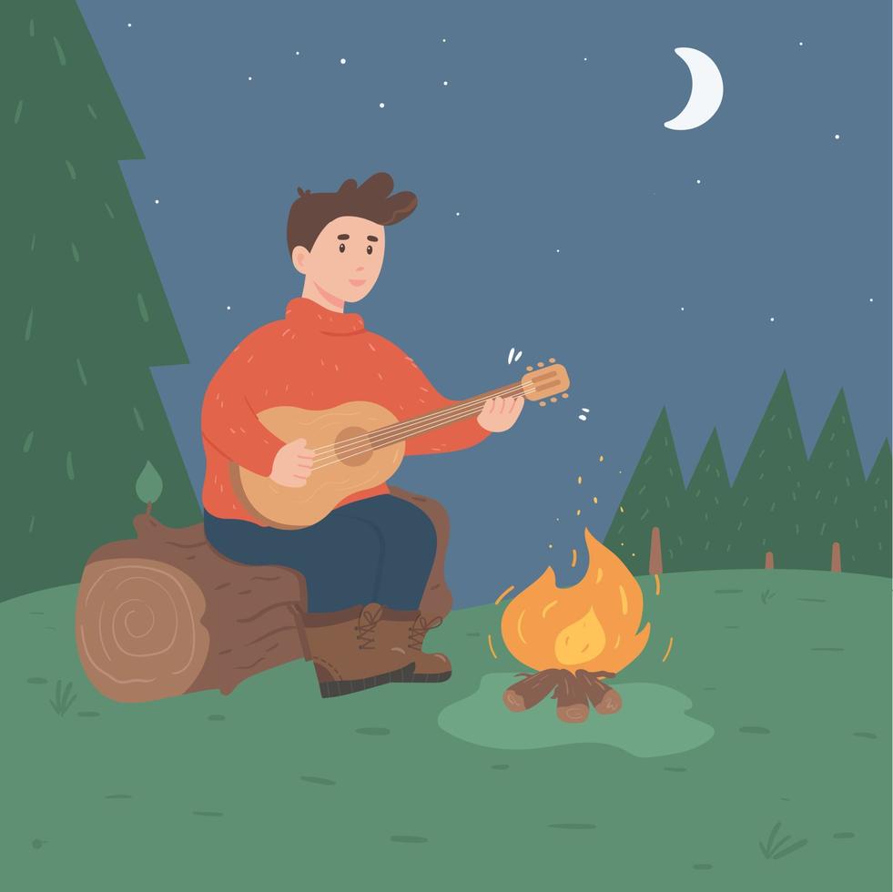 Person playing guitar near camping fire vector