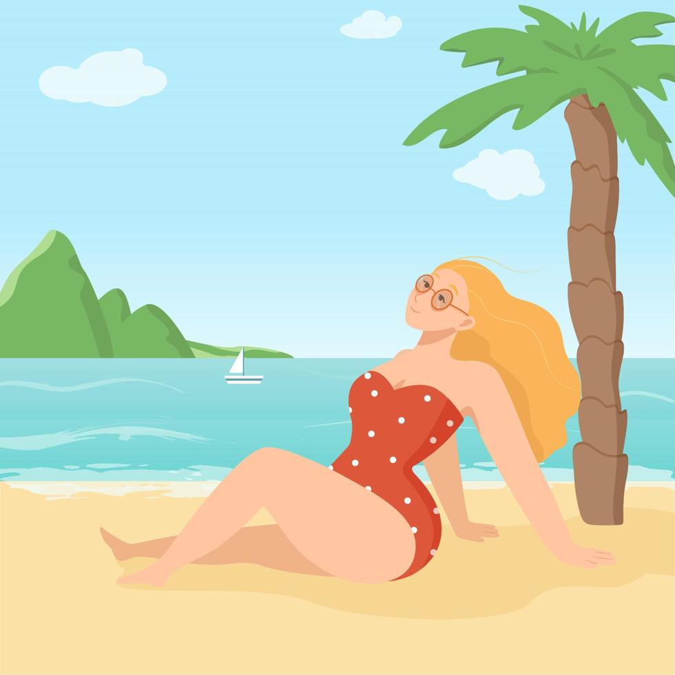 Woman sitting on the beach near the sea vector